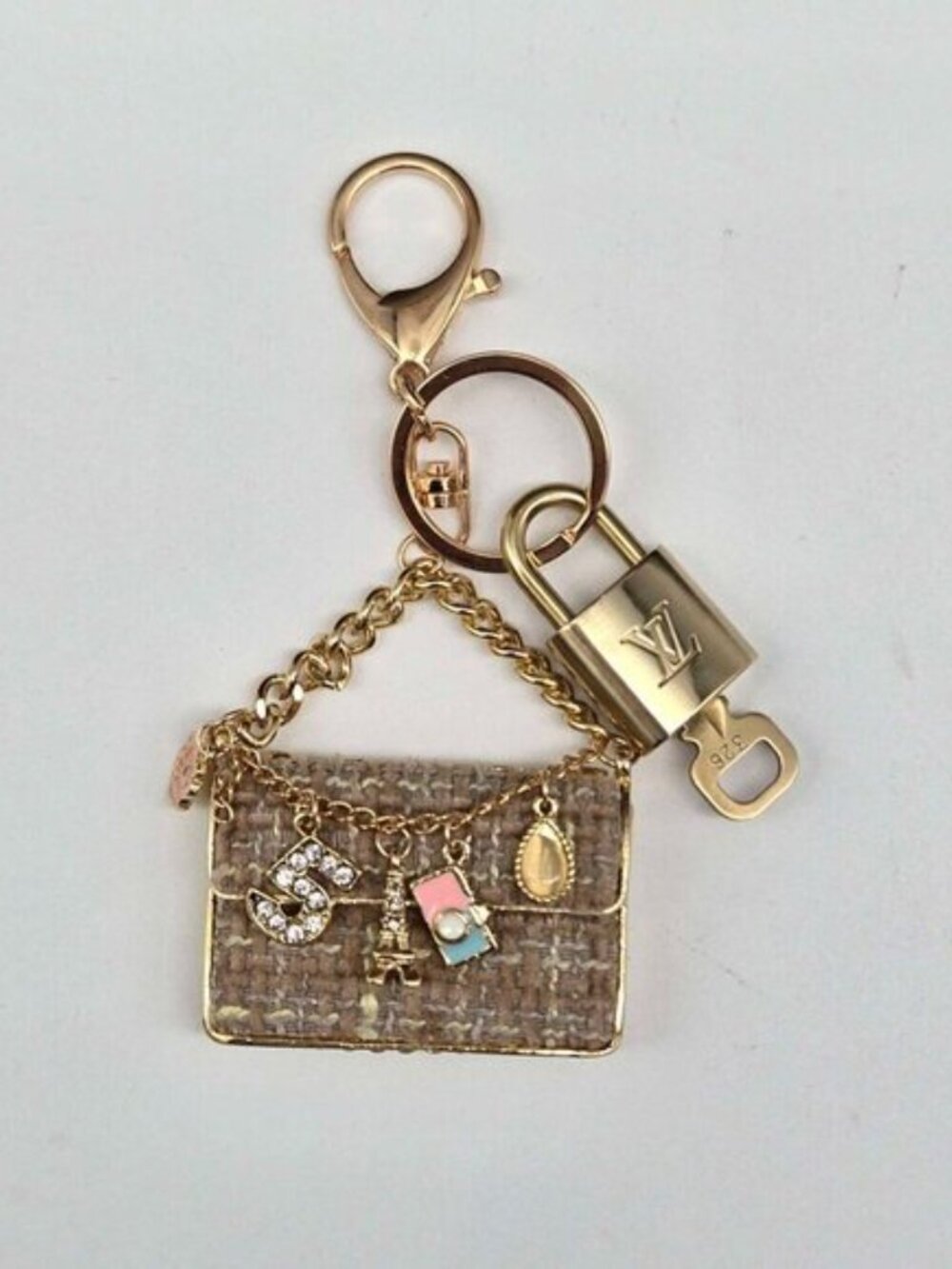 Authentic Louis Vuitton Padlock & Key Gold ✨Unbranded Tweed Bag Charm Keychain - Picture 9 of 10